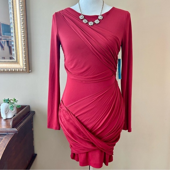 Alice + Olivia Red Silk Long Sleeve Ruched Goddess Mini Dress Size 6 NWT - Picture 2 of 16